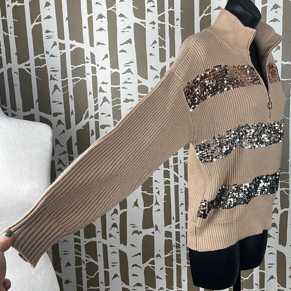 Nine West Mock Zip Neck Sequined Striped Sweater S Camel - Picture 2 of 9
